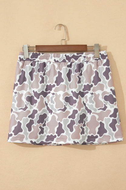 Khaki Western Camo Print Drawstring Mini Skort with Pockets
