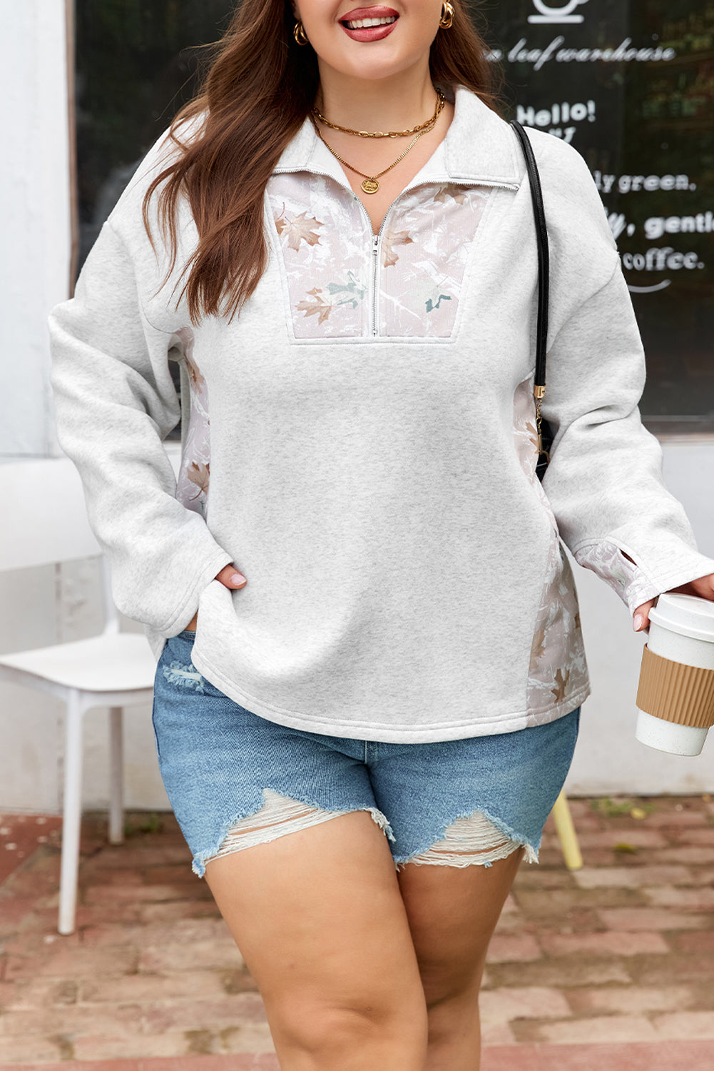 Plus Size Gray Half Zip Sweatshirt with Camo Leaf Patchwork