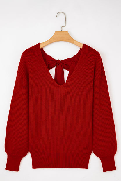 Apricot Lantern Sleeve V Neck Knot Back Sweater