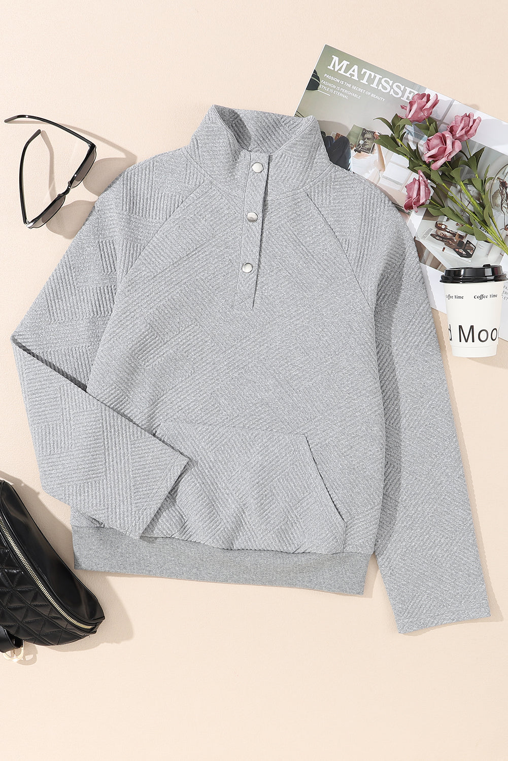 Pale Khaki Textured Knit Buttoned Kangaroo Pocket Sweatshirt