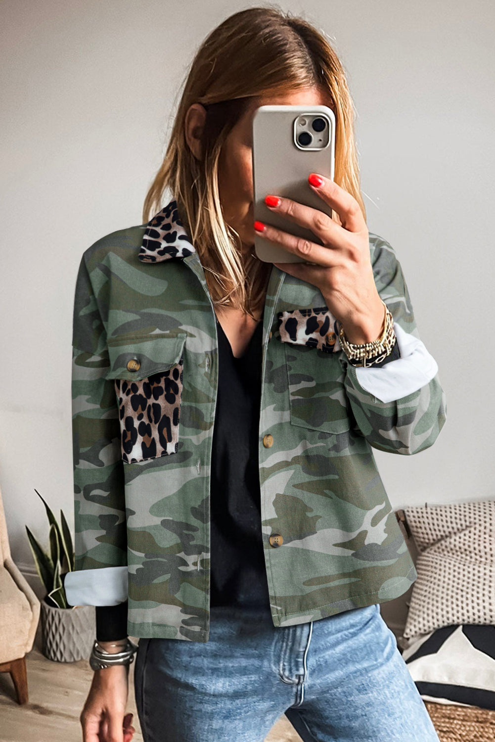 Camo Leopard Patchwork Military Crop Jacket