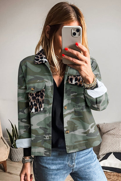 Camo Leopard Patchwork Military Crop Jacket