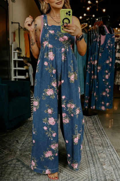 Blue Floral Wide Leg Denim Jumpsuit with Adjustable Straps