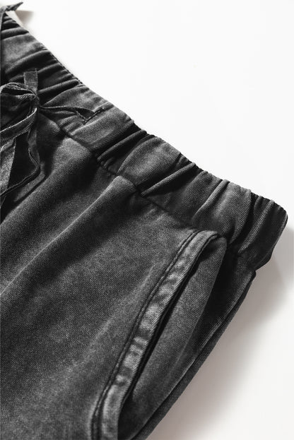Women's Black Mineral Wash Wide Leg Patchwork Pants