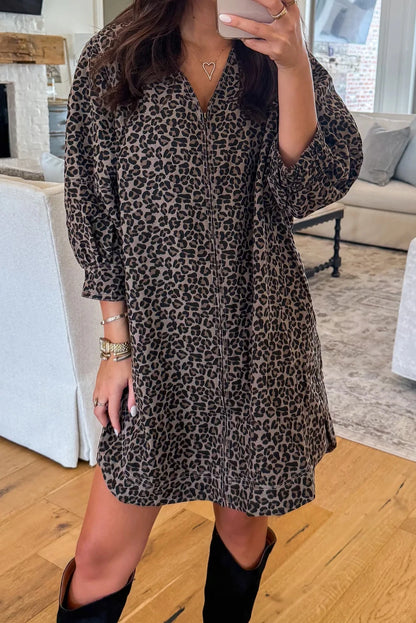 Khaki Leopard Print V Neck Zip Up Bracelet Sleeve Shift Mini Dress