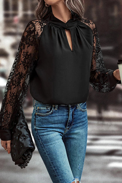 Black Lace Sleeve Keyhole Blouse Elegant Long Sleeve Top