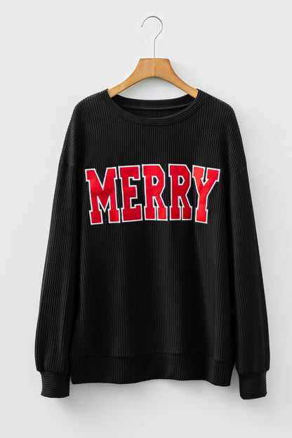 Corduroy MERRY Letter Christmas Pullover Sweatshirt