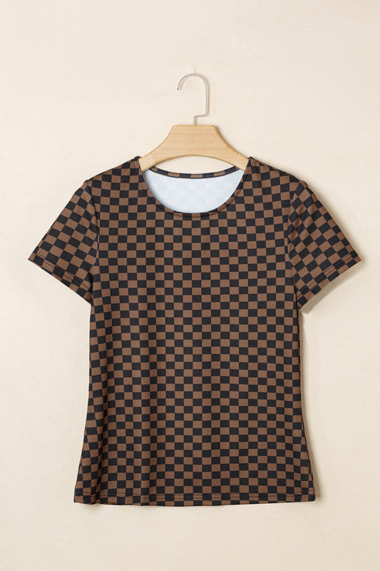 Checkerboard Print Crew Neck Casual T Shirt Women
