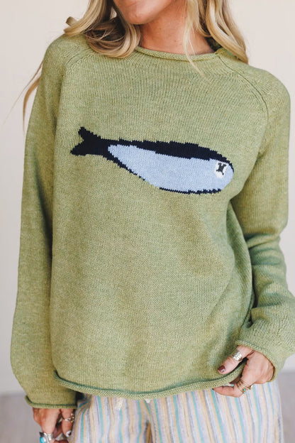 Meadow Mist Green Fish Graphic Oversized Knit Sweater