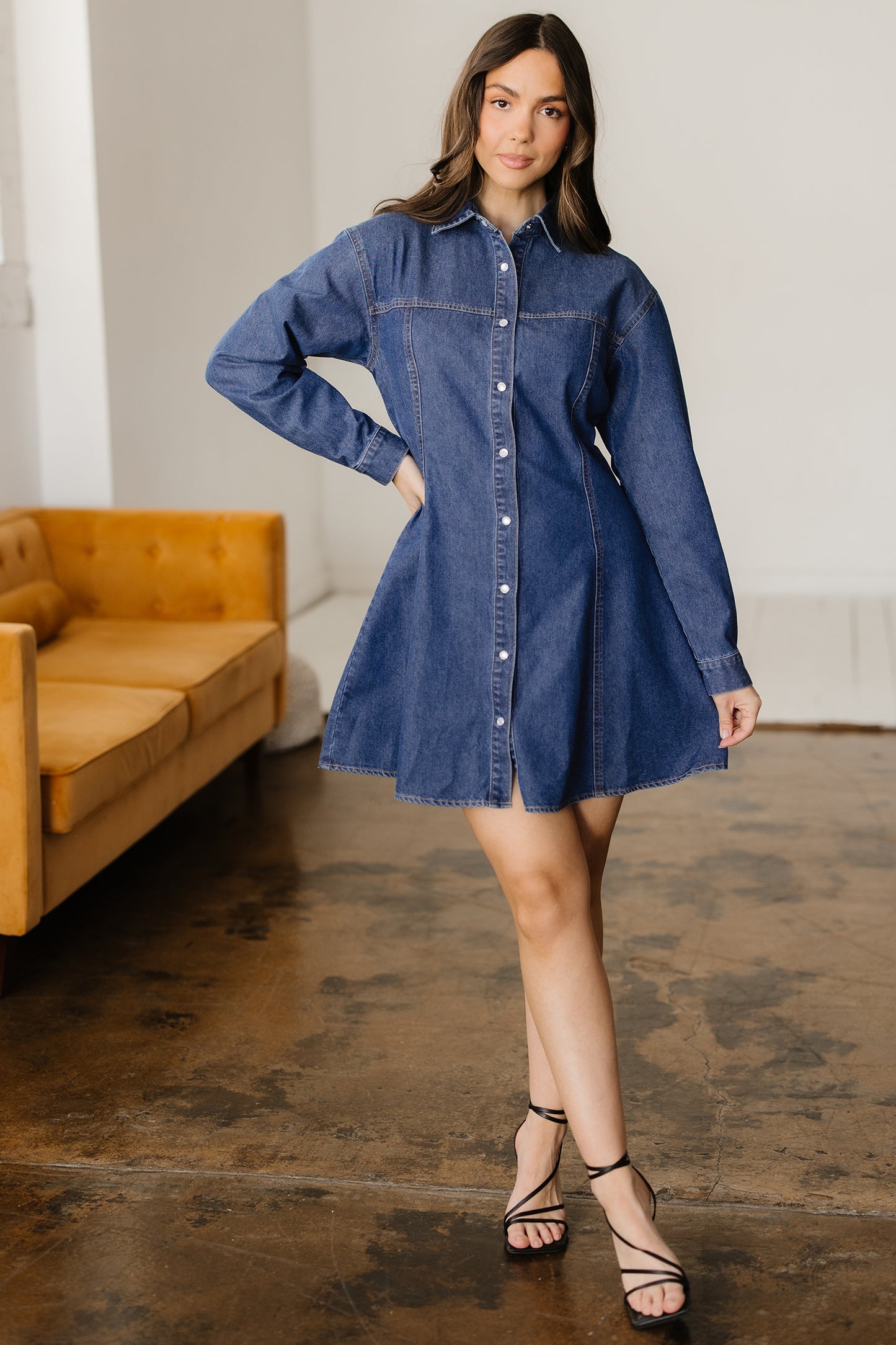 Ashleigh Blue Denim Shirt Collar Long Sleeve Flared Dress