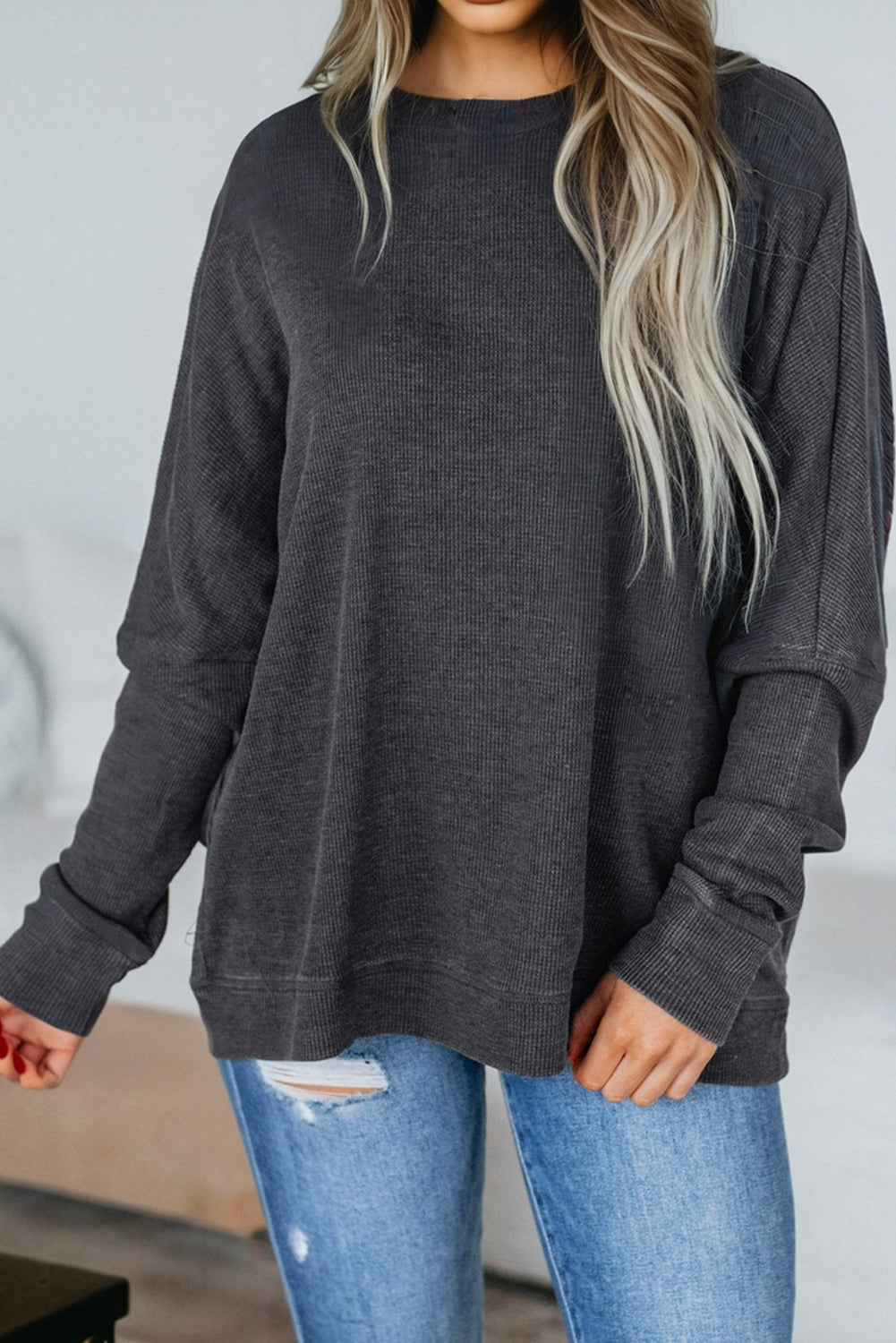 Waffle Knit Loose Long Sleeve Casual Top