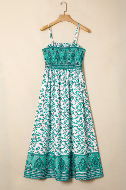 Boho Floral Maxi Dress Shirred Cami Strap Resort Style