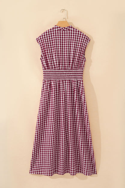 Coffee Plaid Print Full Zipper Cinched Waist Fit Flare Sleeveless Maxi Dress
