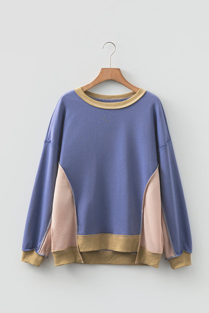 Color Block Patchwork Waffle Knit Oversized Sweatshirt