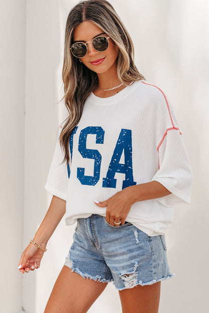 USA Ribbed Graphic Tee Loose Fit Flag Day July 4th