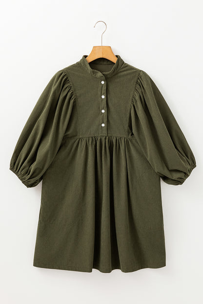 Vineyard Green Corduroy Snap Buttons Empire Waist Bracelet Sleeve Dress