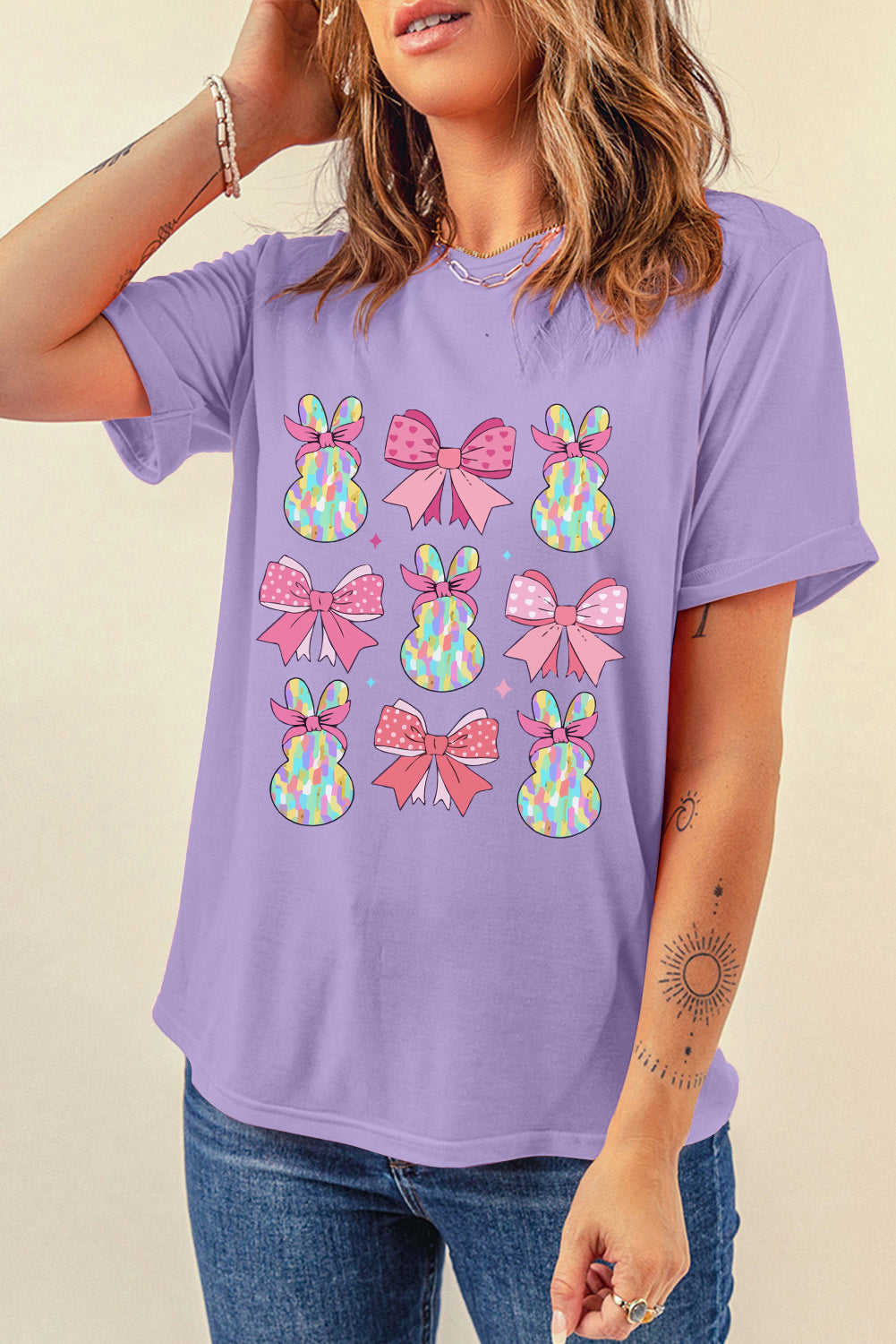 Easter Bow Bunny Graphic Lavender Casual Spring Tee