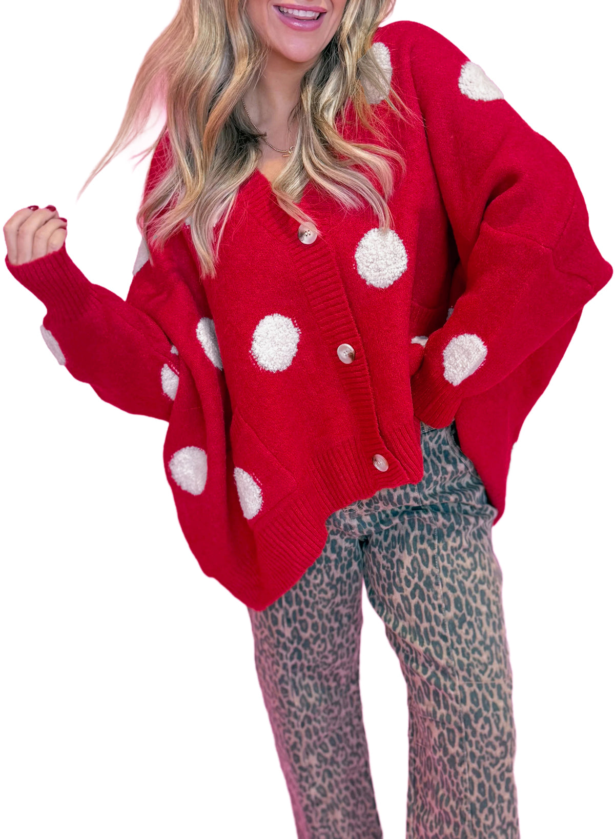 Polka Dot Oversized V Neck Knit Cardigan Sweater