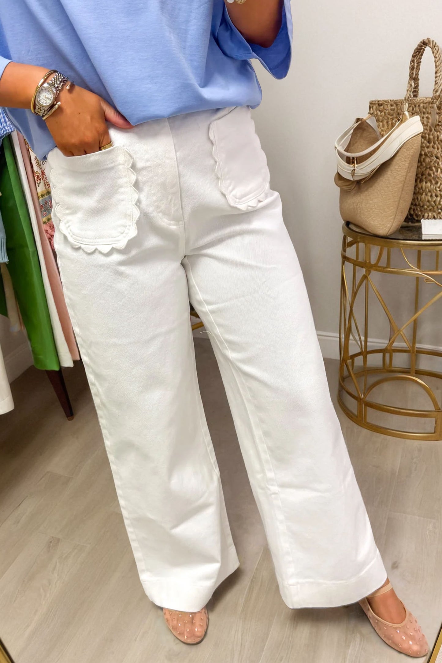 Scalloped Patch Pocket High Rise Wide Leg Jeans