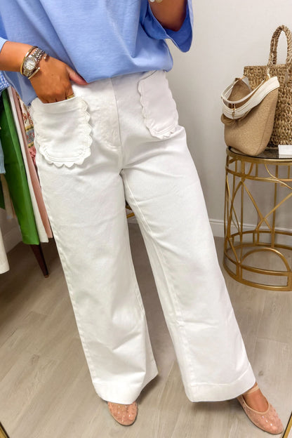 Scalloped Patch Pocket High Rise Wide Leg Jeans