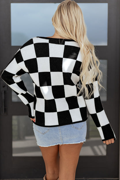 Women's Checkered Knit Sweater with Notched Neck