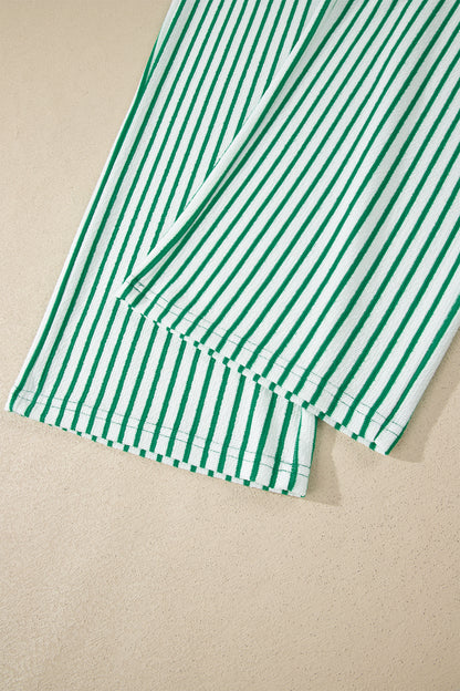 Khaki Stripe Crew Neck Tee Drawstring Waist Cropped Pants Set