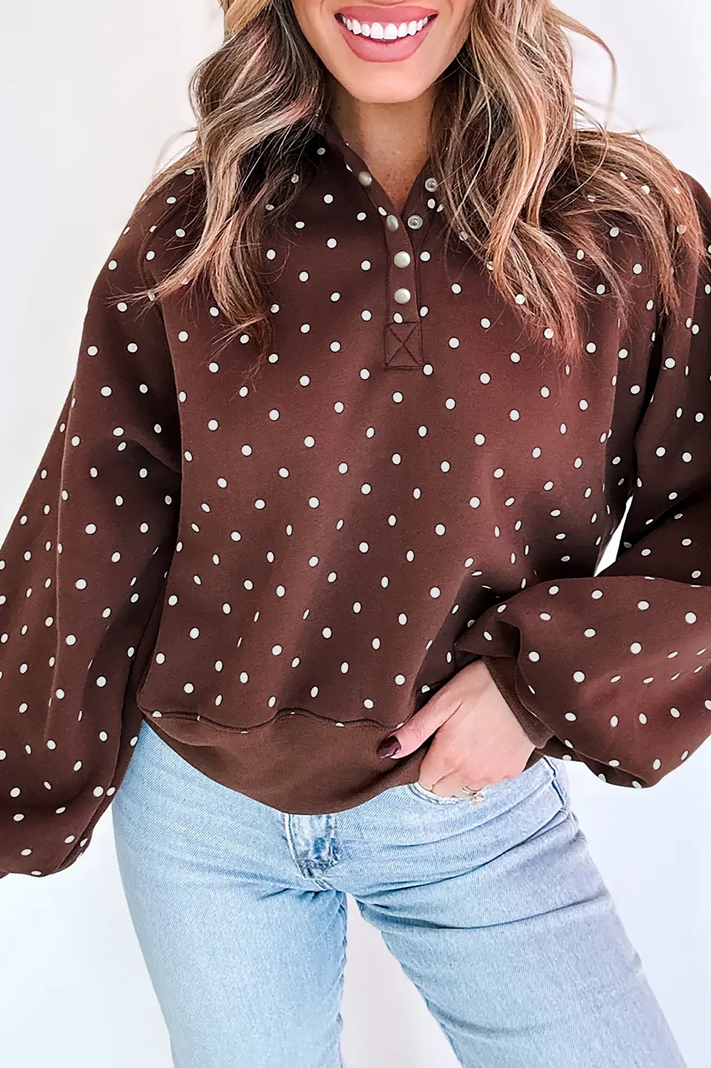 Polka Dot Button Collar Pullover Sweatshirt