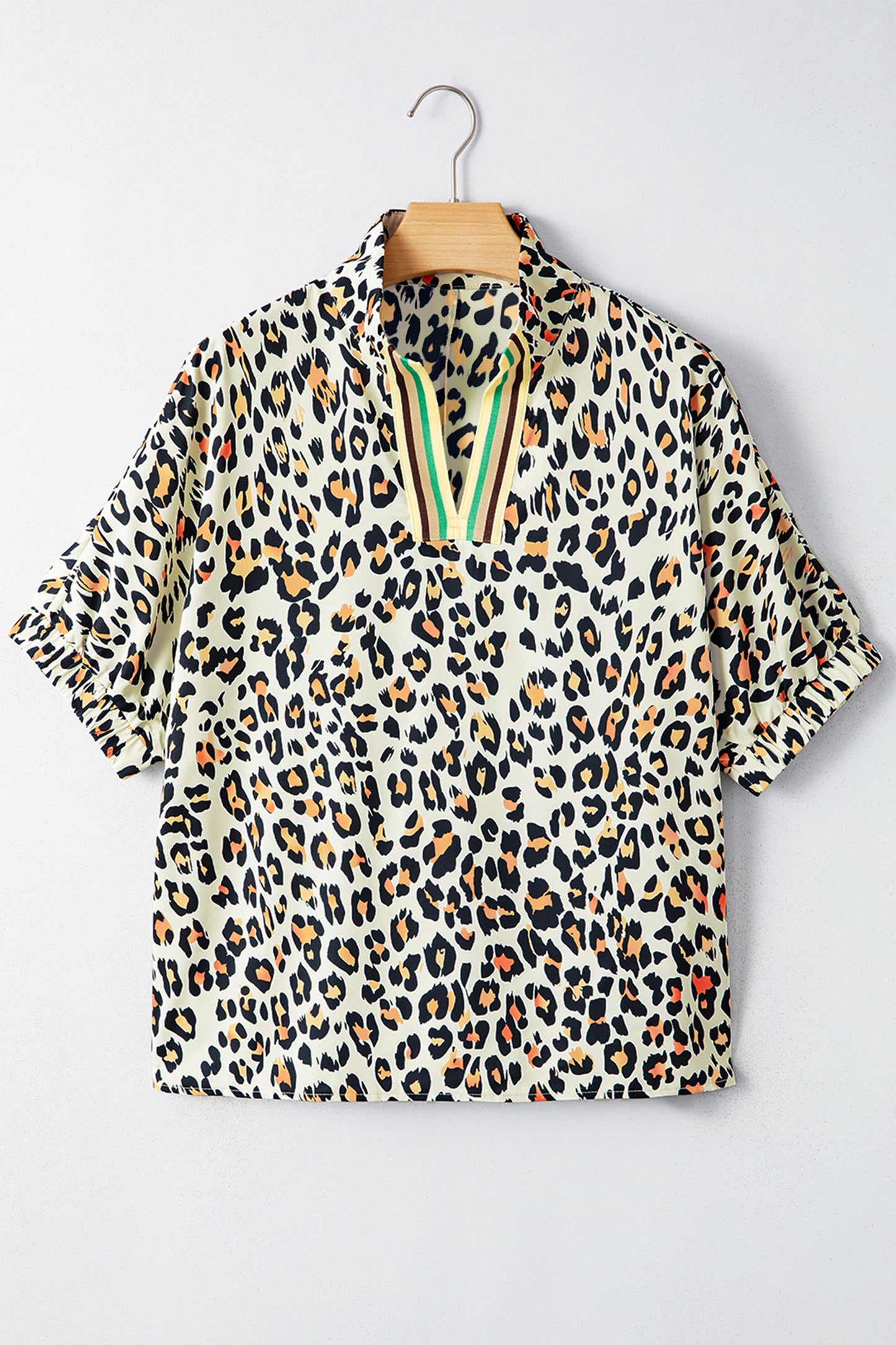 Khaki Leopard Color Block Stripe V Neck Loose Blouse