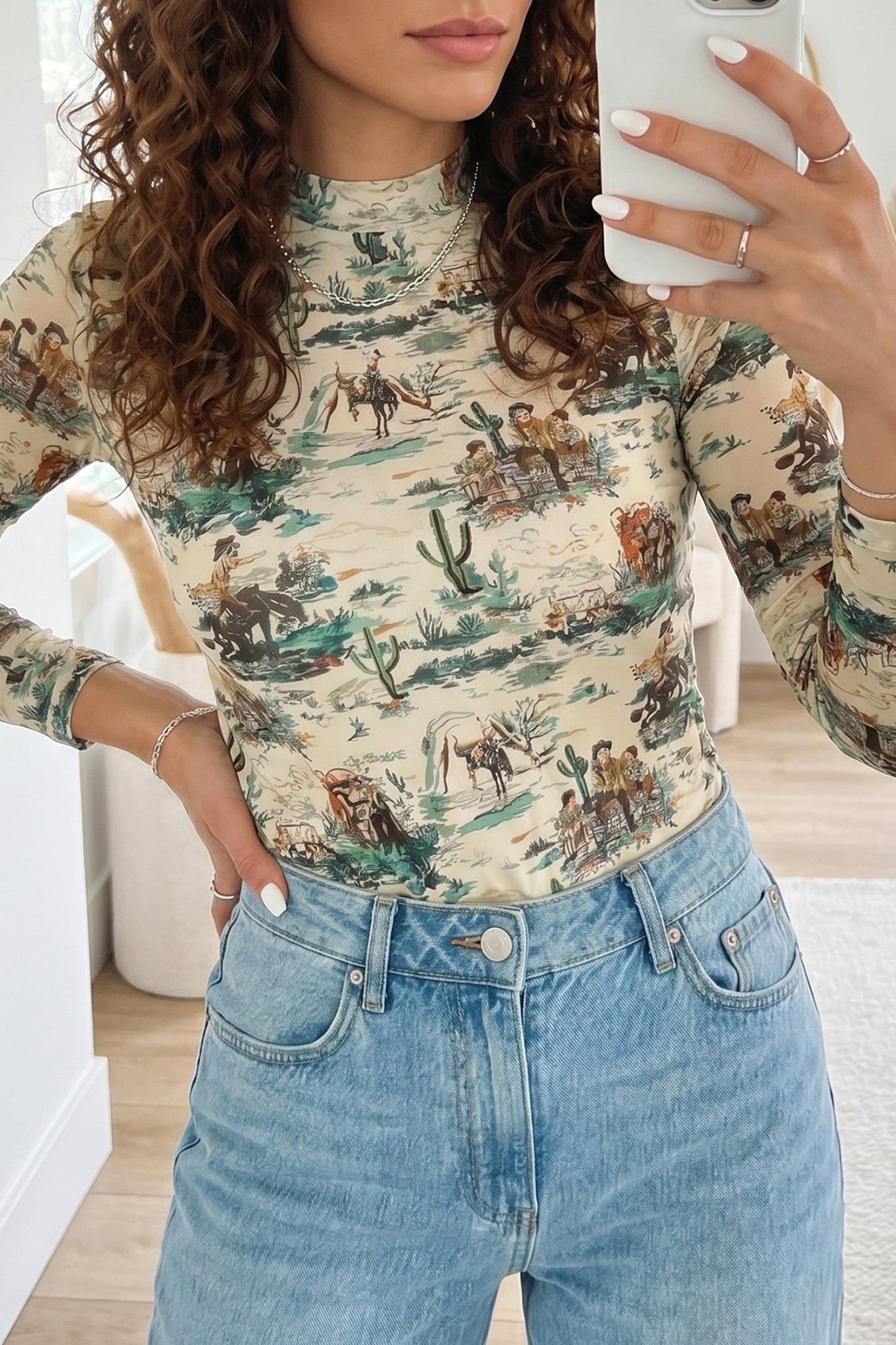 Western Cowboy Print Mock Neck Long Sleeve Fitted Top