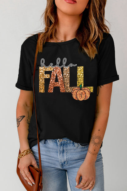 Black Hello Fall Pumpkin Graphic Thanksgiving T Shirt