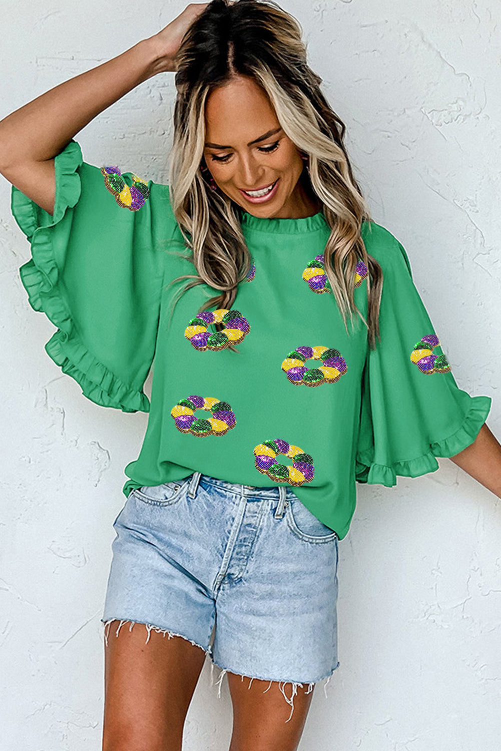 Green Mardi Gras Sequin Beads Ruffle Bell Sleeve Blouse