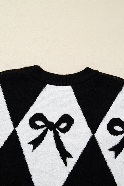 Black White Bow Argyle Knit Oversized Sweater