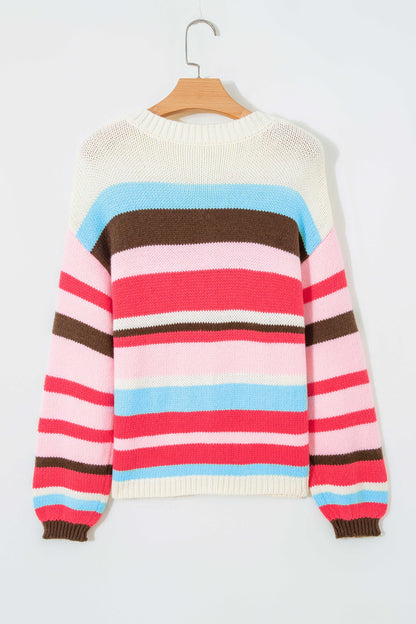 Multicolor Striped Colorblock Drop Shoulder Knit Cardigan