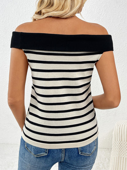 Off Shoulder Striped Knit Top Button Front Sweater Women