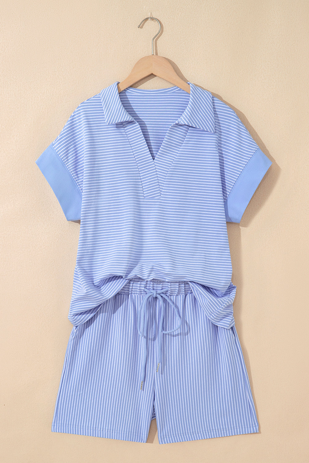 Striped V Neck Lounge Set Short Sleeve Top and Shorts
