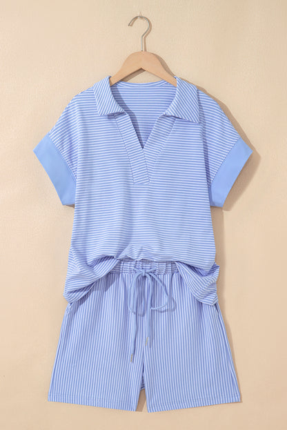 Striped V Neck Lounge Set Short Sleeve Top and Shorts
