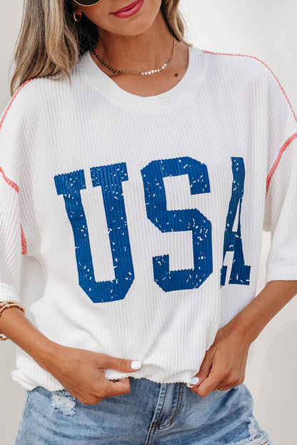 USA Ribbed Graphic Tee Loose Fit Patriotic Top