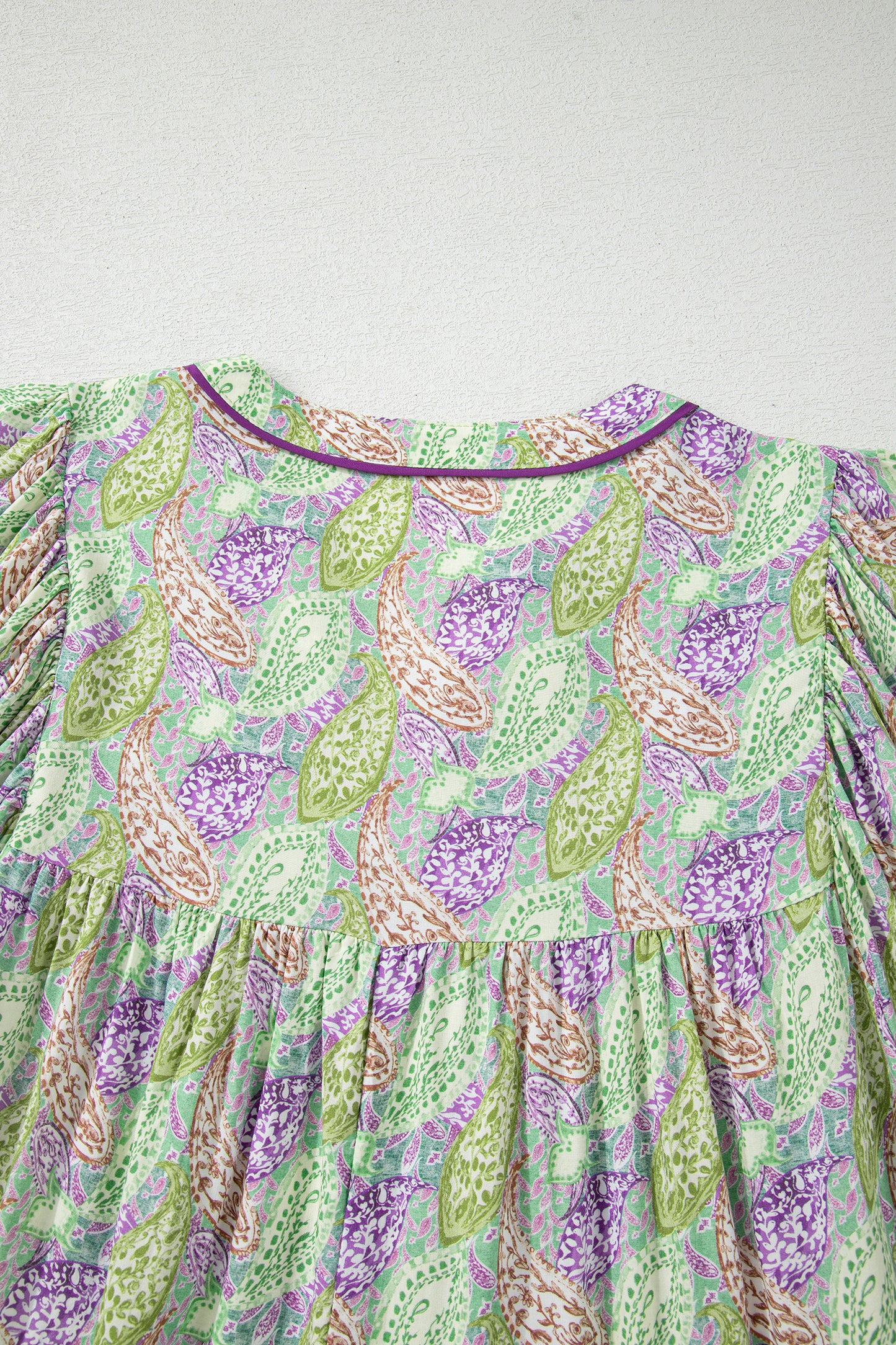 Green Boho Paisley Split Neck Puff Sleeve Blouse