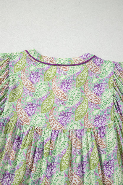 Green Boho Paisley Split Neck Puff Sleeve Blouse