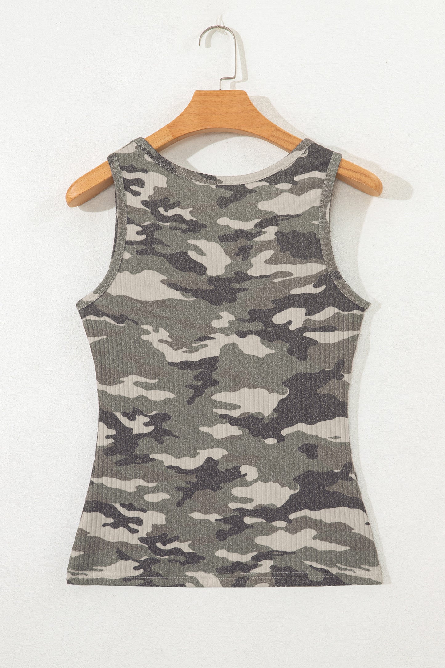Green Camo Ribbed Knit Scoop Neck Tank Top