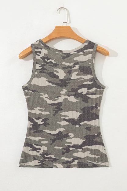 Green Camo Ribbed Knit Scoop Neck Tank Top
