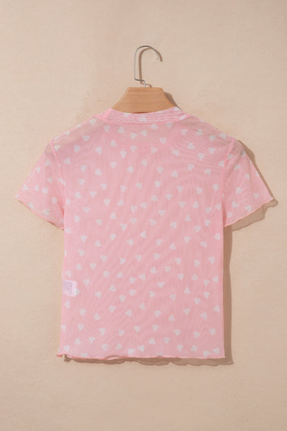 Racing Red Allover Heart Print Mesh Short Sleeve Top