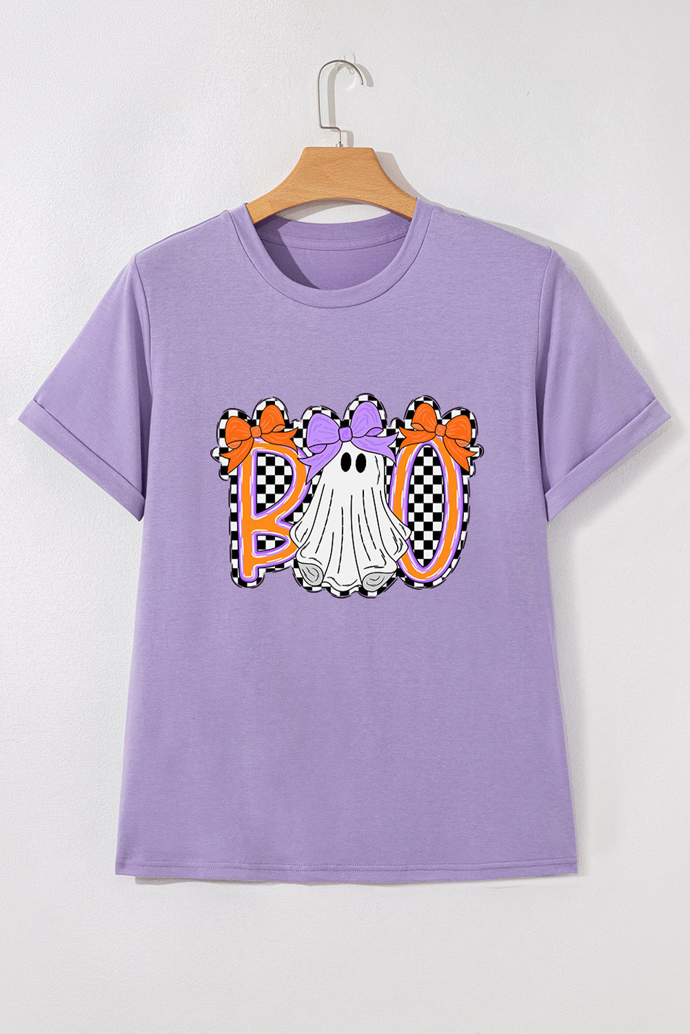 Purple Boo Ghost Halloween Graphic Tee with Bow Design