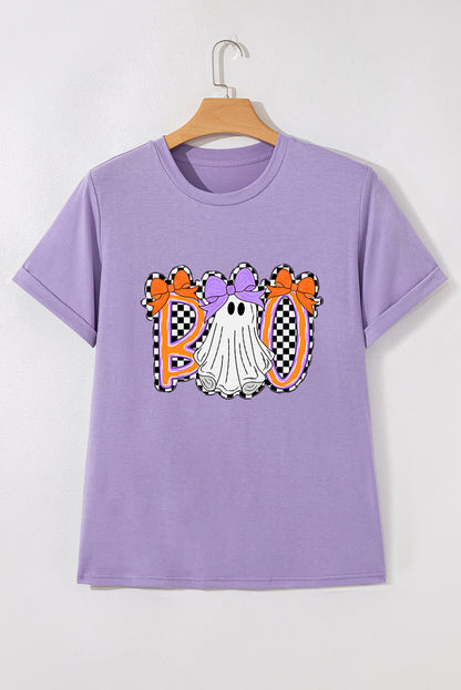 Purple Boo Ghost Halloween Graphic Tee with Bow Design
