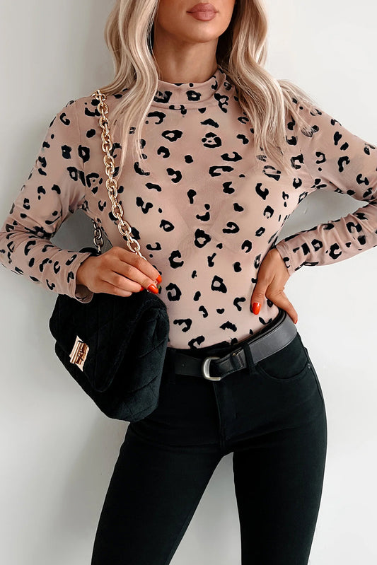 Khaki Mock Neck Sheer Mesh Leopard Long Sleeve Bodysuit
