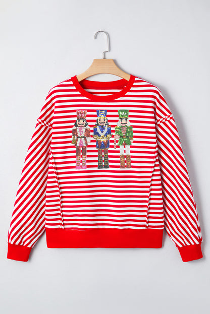 Red Stripe Christmas Sequin Patched Drop Shoulder Top