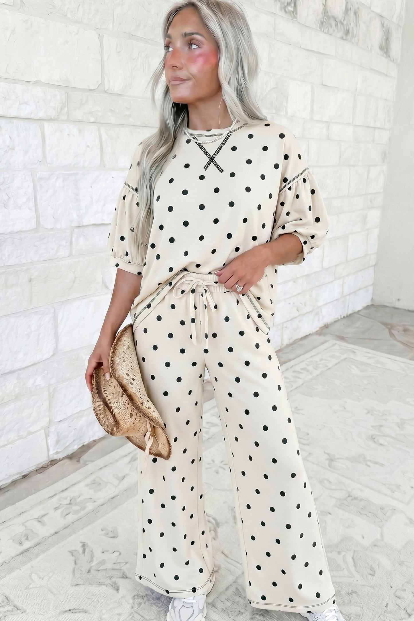 Polka Dot Puff Sleeve Wide Leg Two Piece Pants Set
