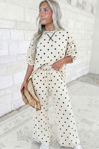Polka Dot Puff Sleeve Wide Leg Two Piece Pants Set