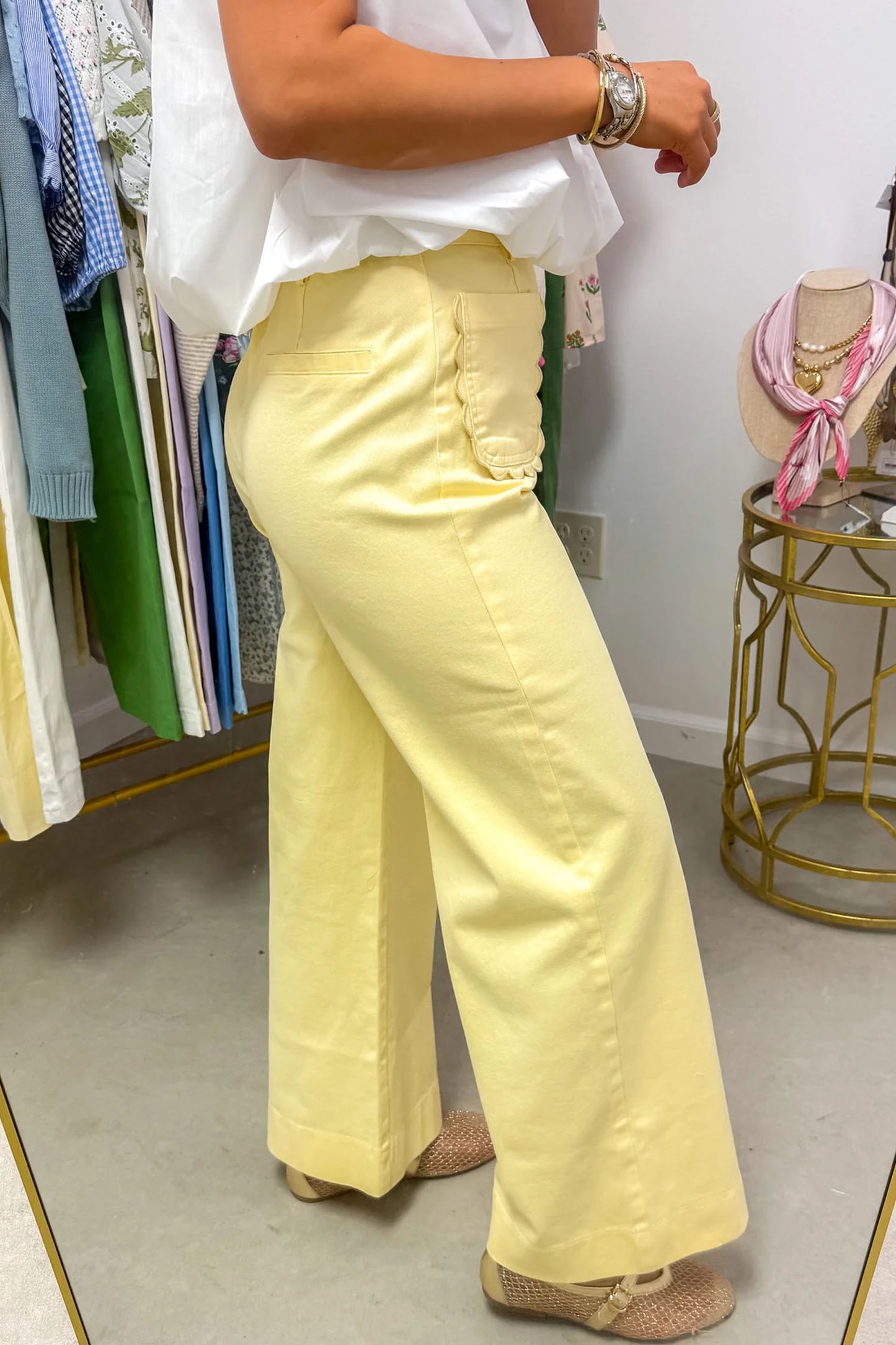 Scalloped Patch Pocket High Rise Wide Leg Jeans