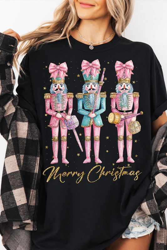 Black Merry Christmas Printed Crewneck T Shirt